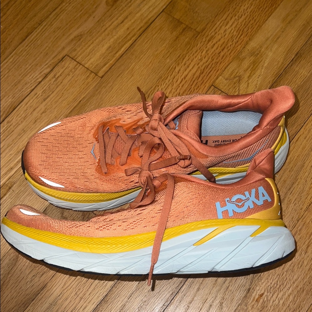 Hoka Orange and Yellow Running Shoes Women’s Clifton 8. Size 8